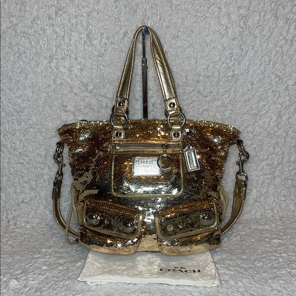 Coach Limited Edition Gold Sequin Poppy Spotlight Shoulder Bag & Wristlet Set - Picture 3 of 17